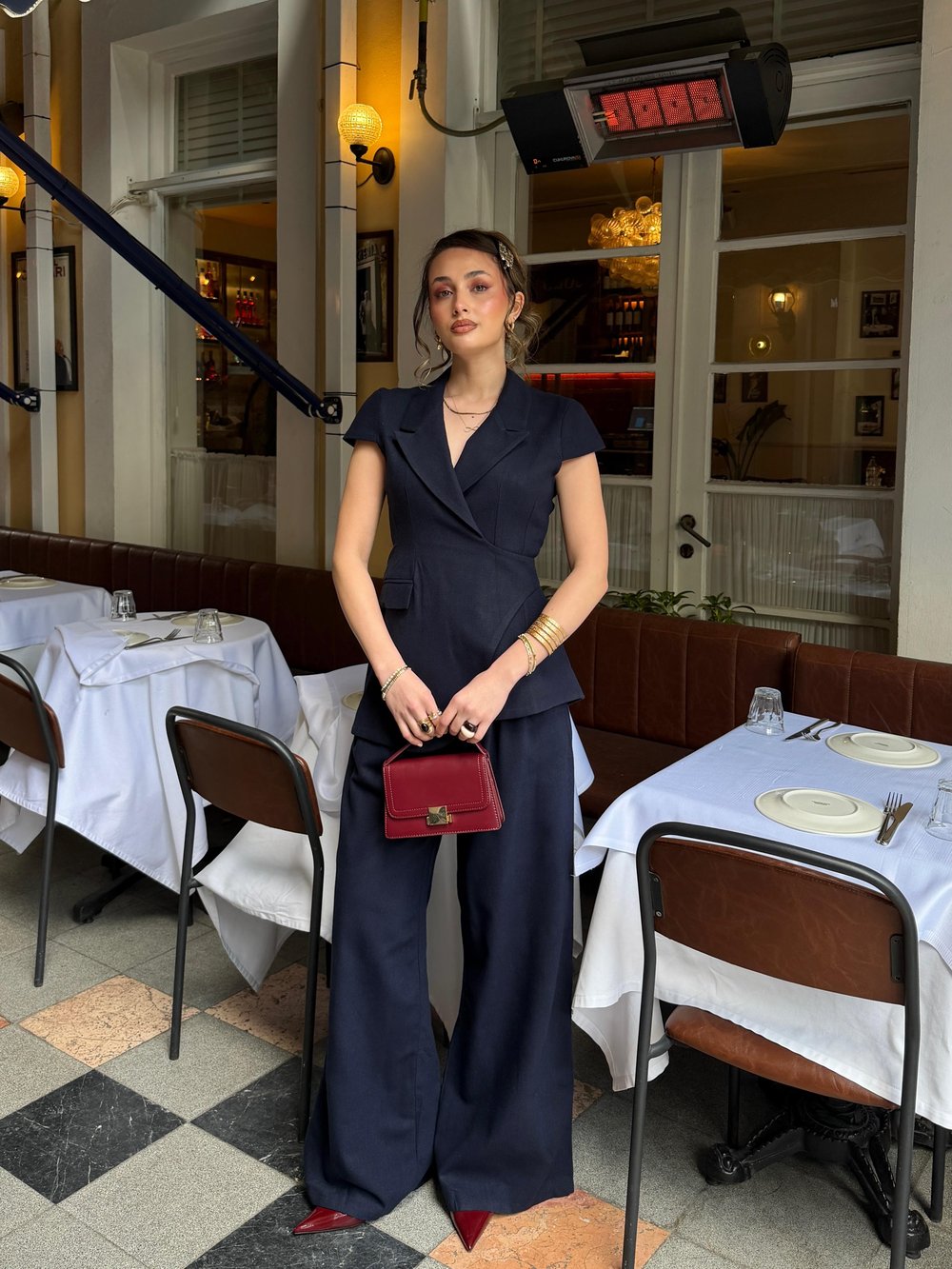 Kruvaze Asimetrik Blazer Bol Paça Pantolon Takım Lacivert