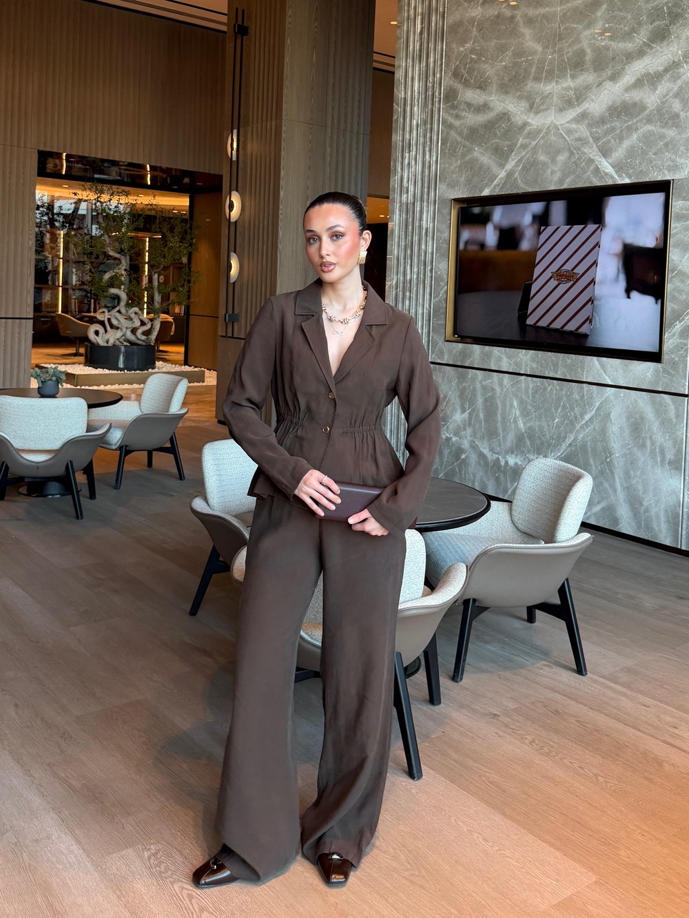 Lastikli Tencel  Ceket Pantolon Takım Kahverengi