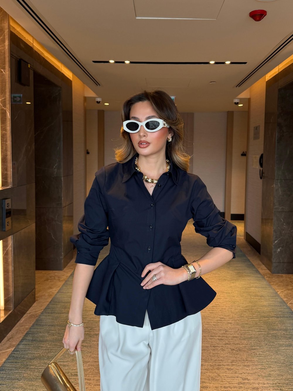 Peplum Detay Poplin Gömlek Lacivert