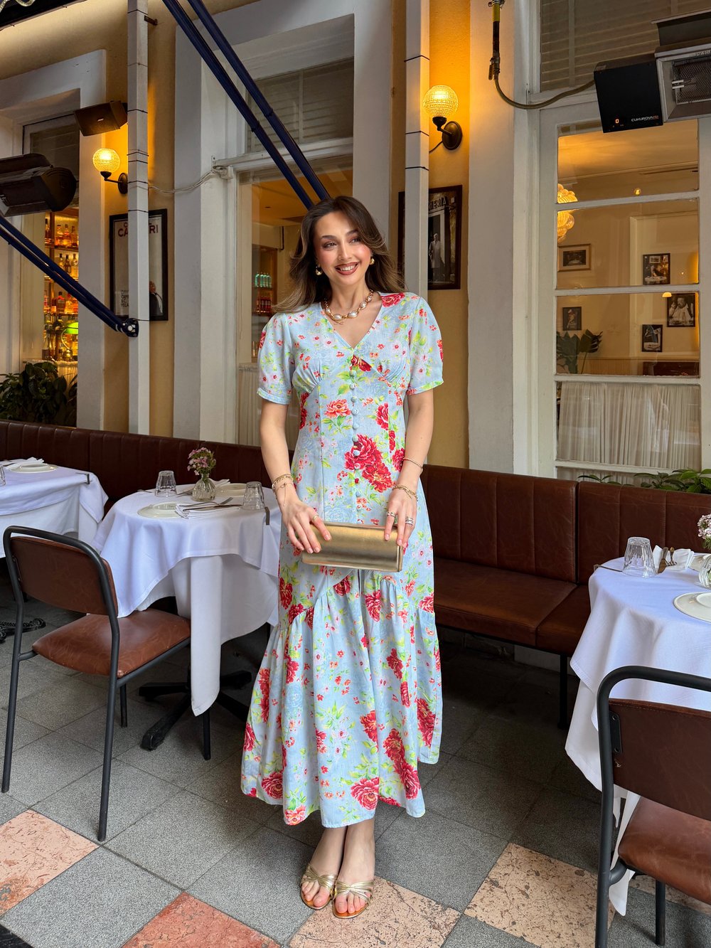 Vintage Floral Desenli Keten Elbise Mavi
