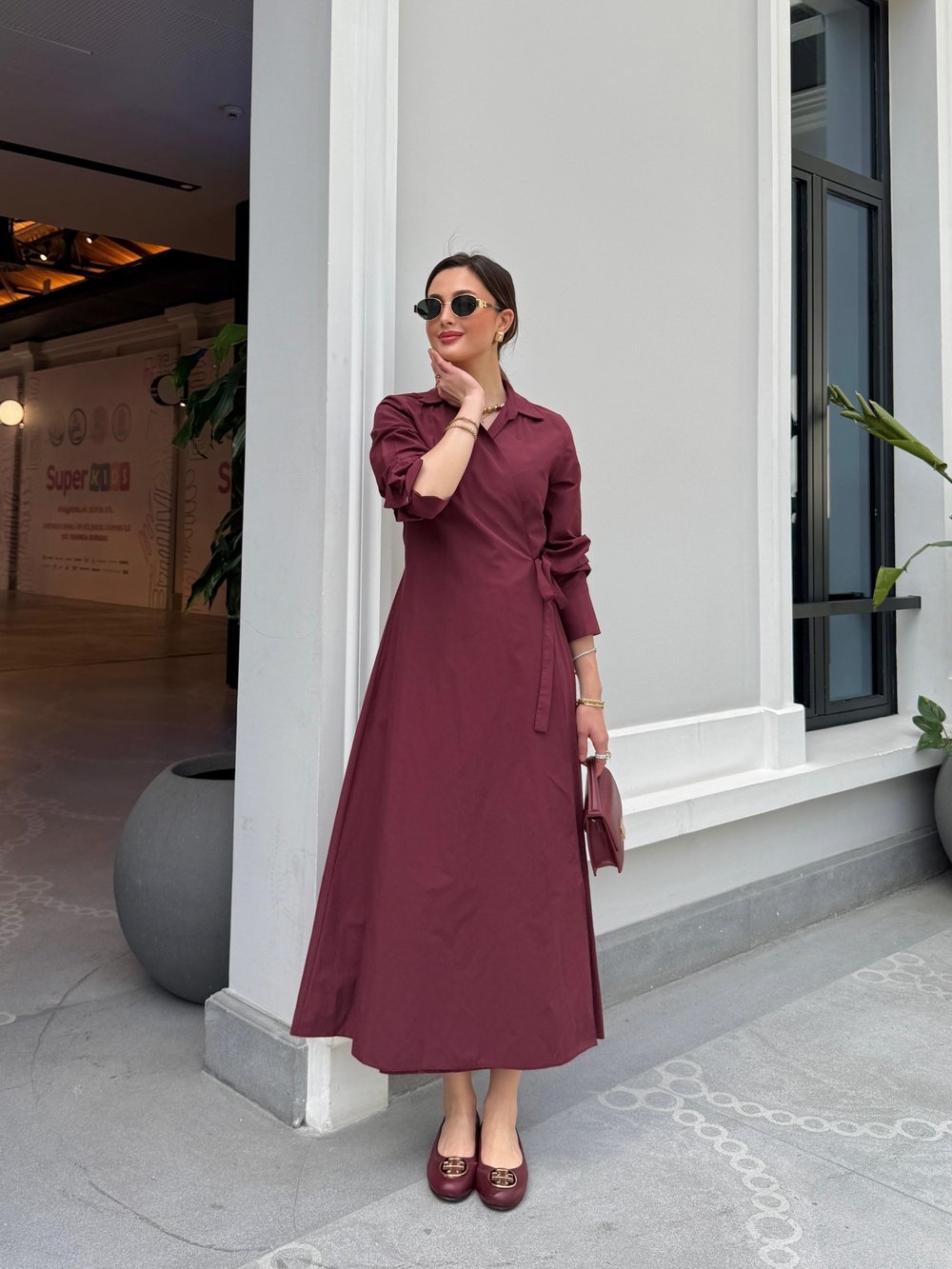 Yandan Bağlamalı Bordo Elbise