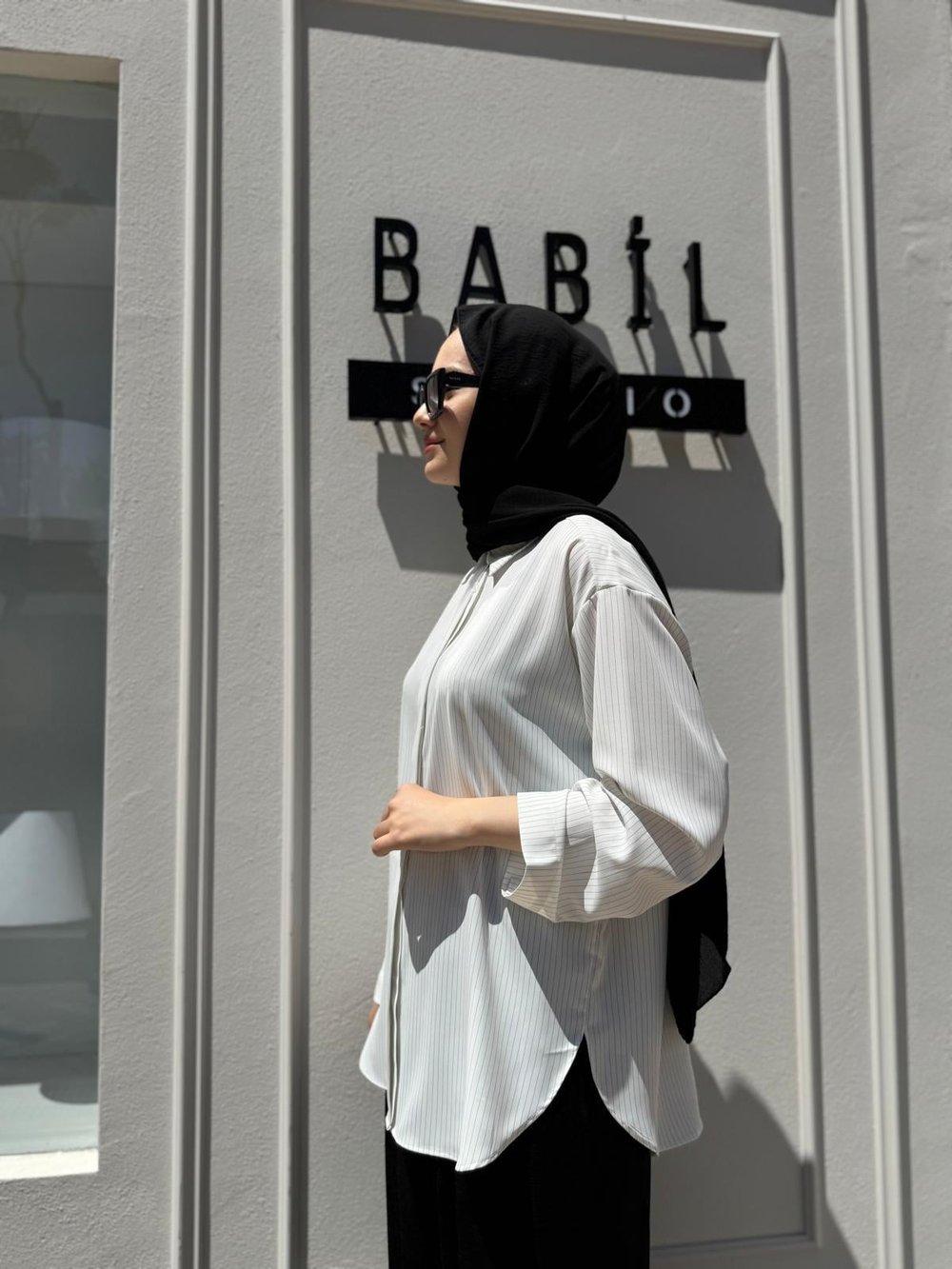 202778 Çizgili Şık Kadın Takım Beyaz