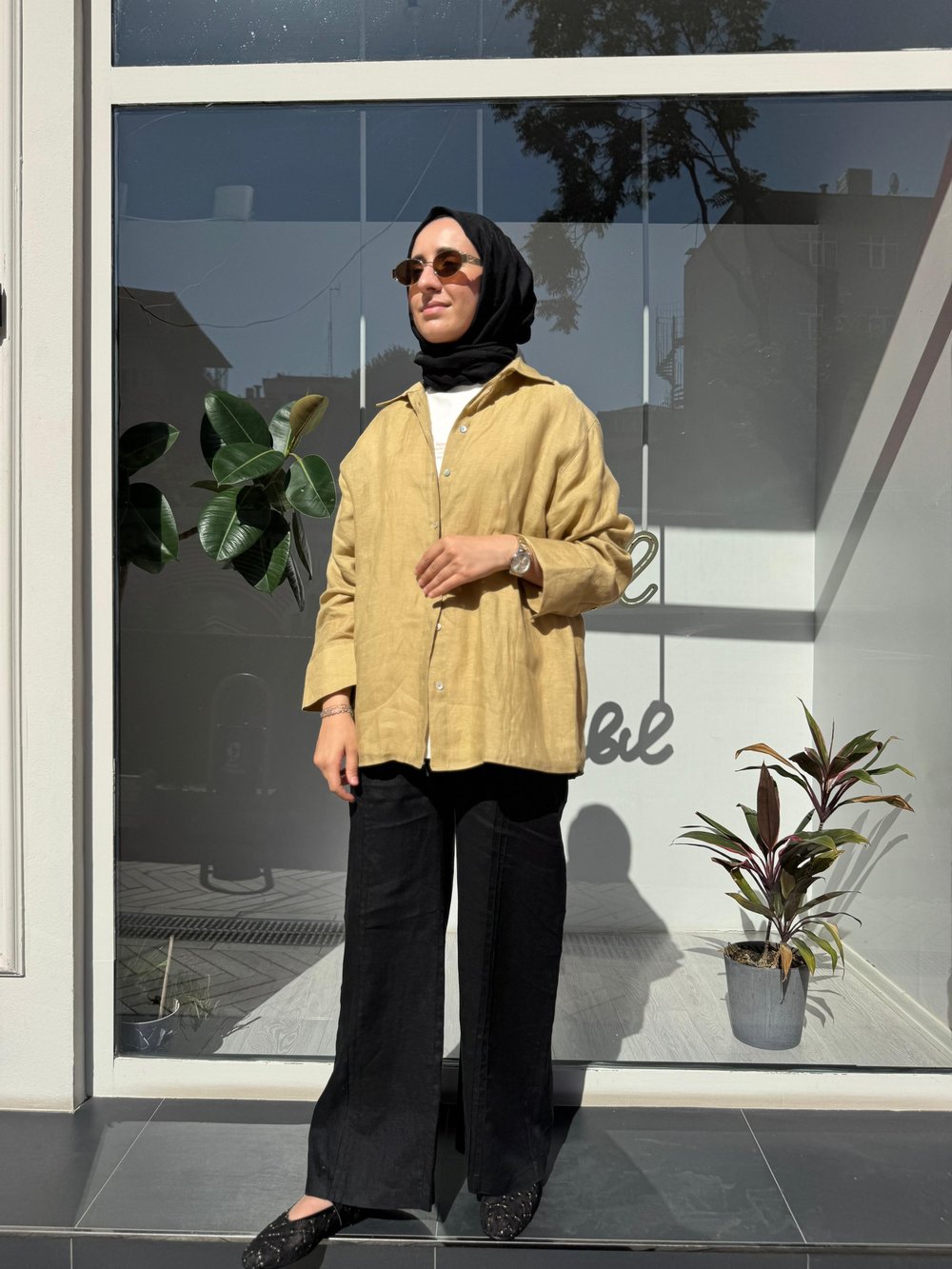 25SS212 Keten Basic Kadın Gömlek Hardal Sarısı