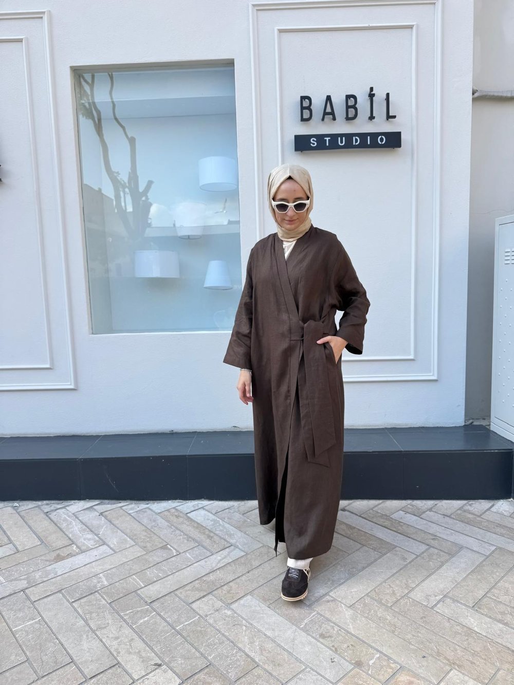 25SS620 Bağlamalı Keten Kadın Kimono Kahve