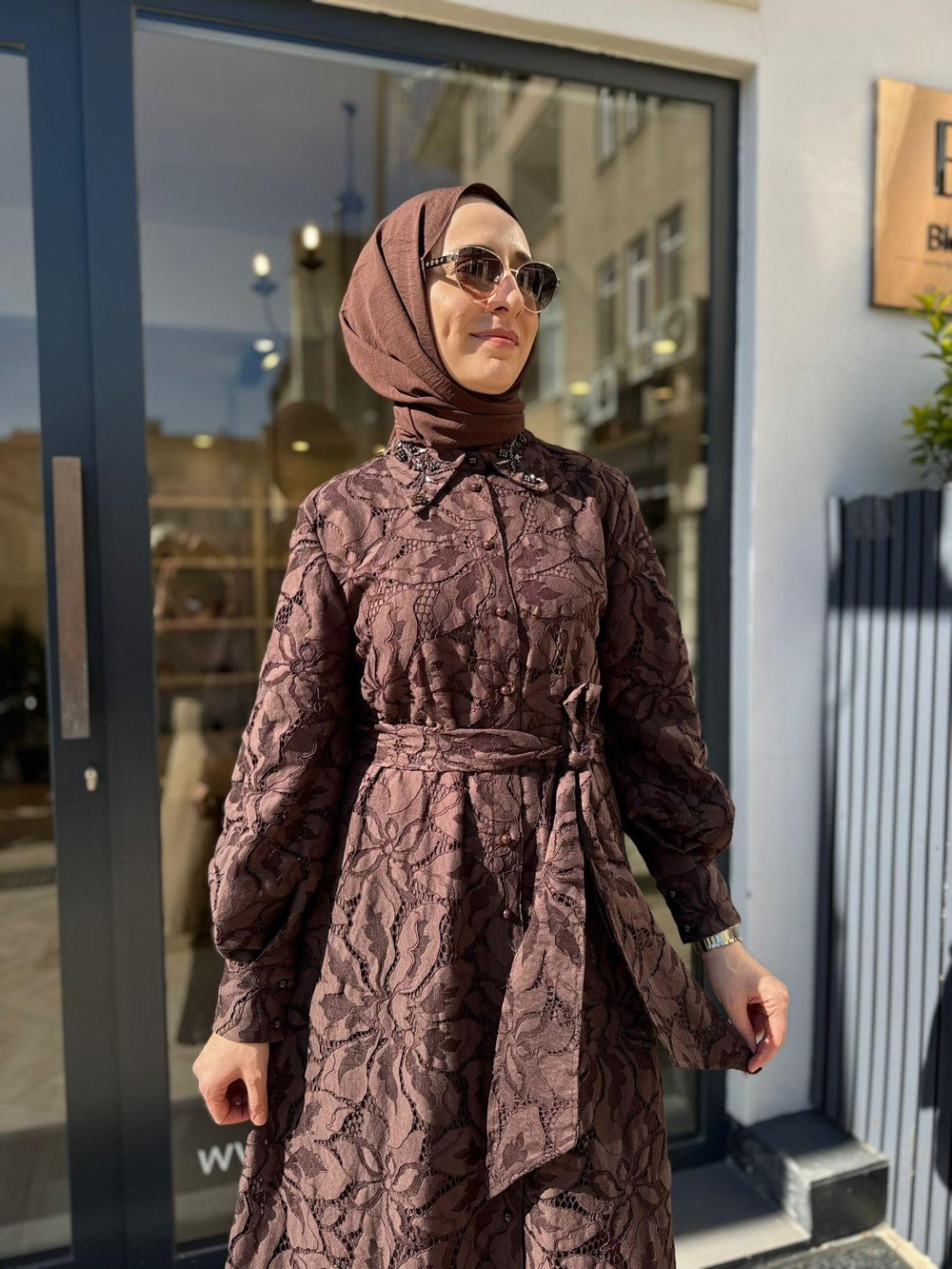 2601-5011 Yaka Detay Kadın Elbise Kahve
