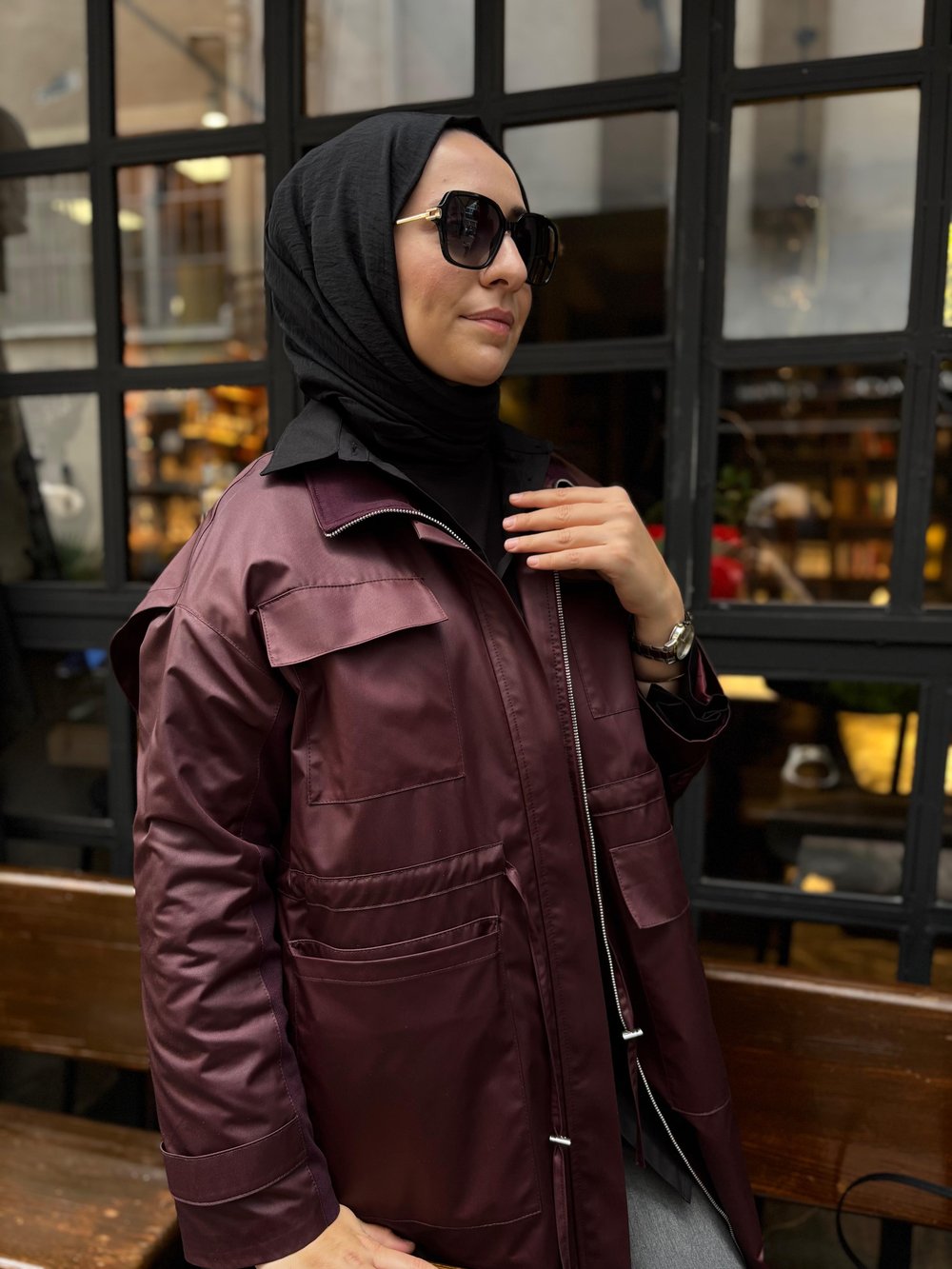 26FW606 Belden Sıkmalı Kadın Yağmurluk Bordo