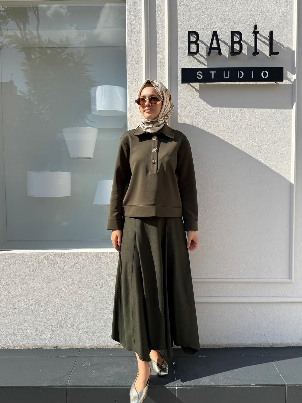 26FWSWE0011 Düğme Detaylı Kadın Sweat Haki Yeşil