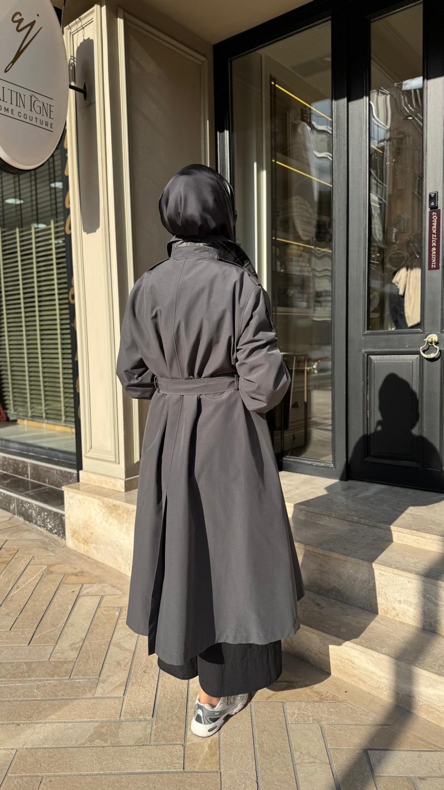 27FW601 Ekose Detay Kadın Trençkot Gri