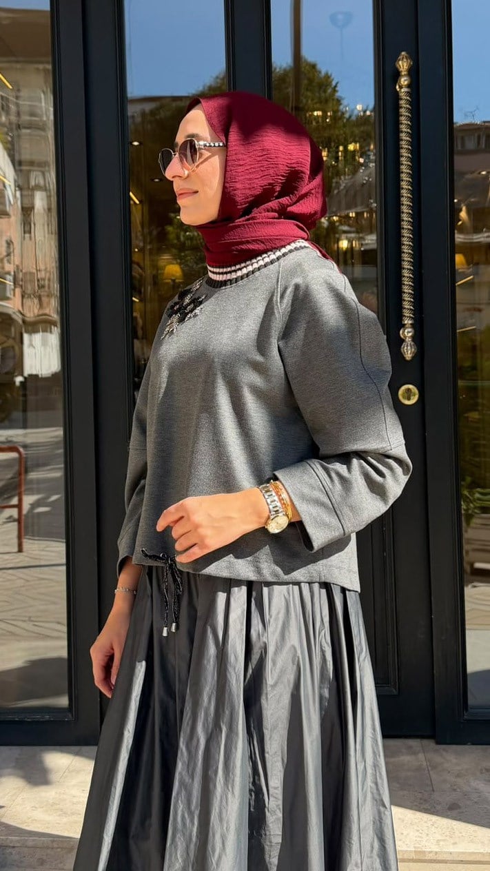 27FWSWE0013 Junni İşlemeli Kadın Sweat Gri
