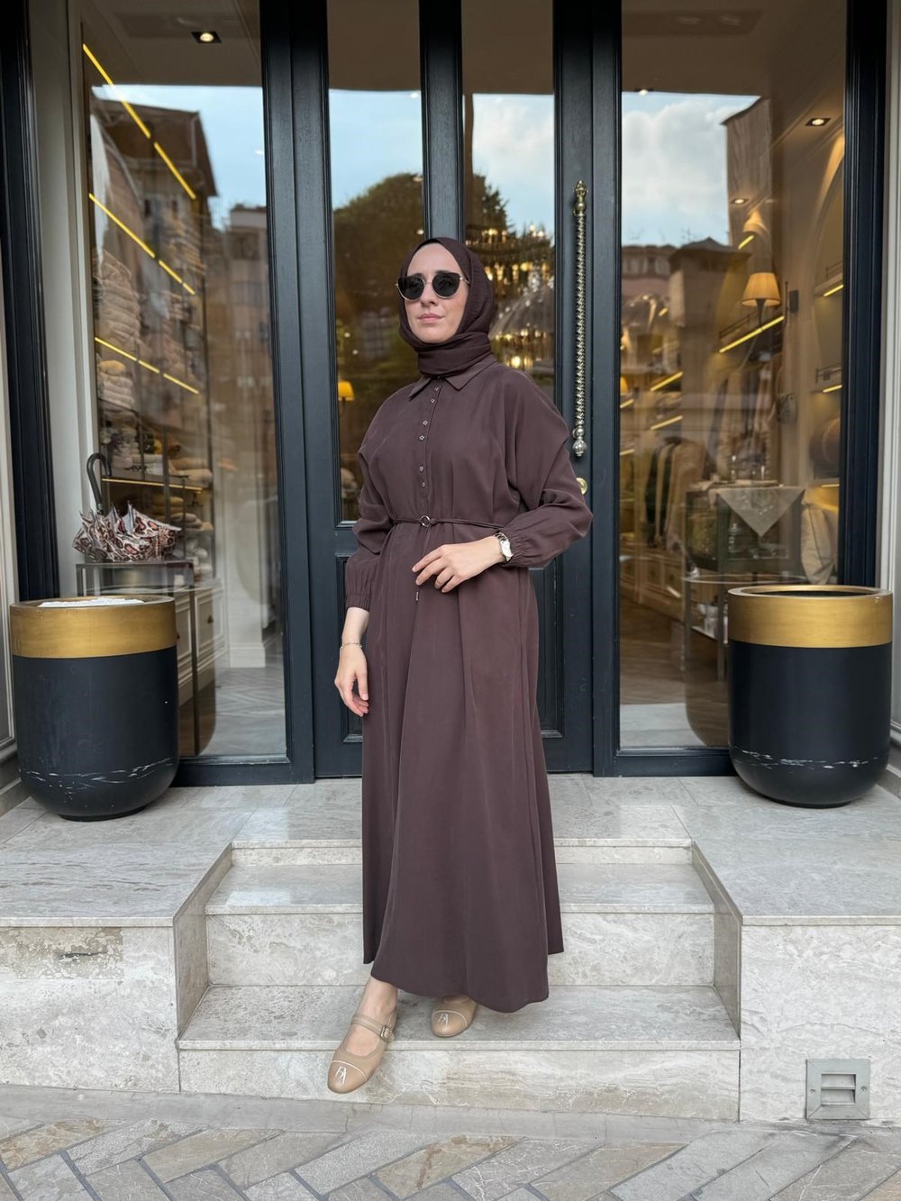 303893 Düğmeli Kadın Elbise Acı Kahve