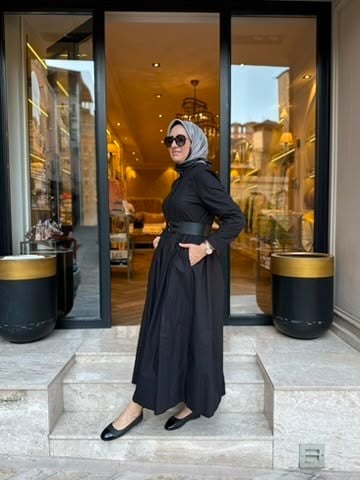 303898 Kemerli Kadın Elbise Siyah