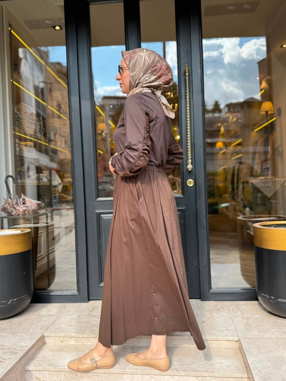 303906 Paraşüt Detay Kadın Elbise Kahve