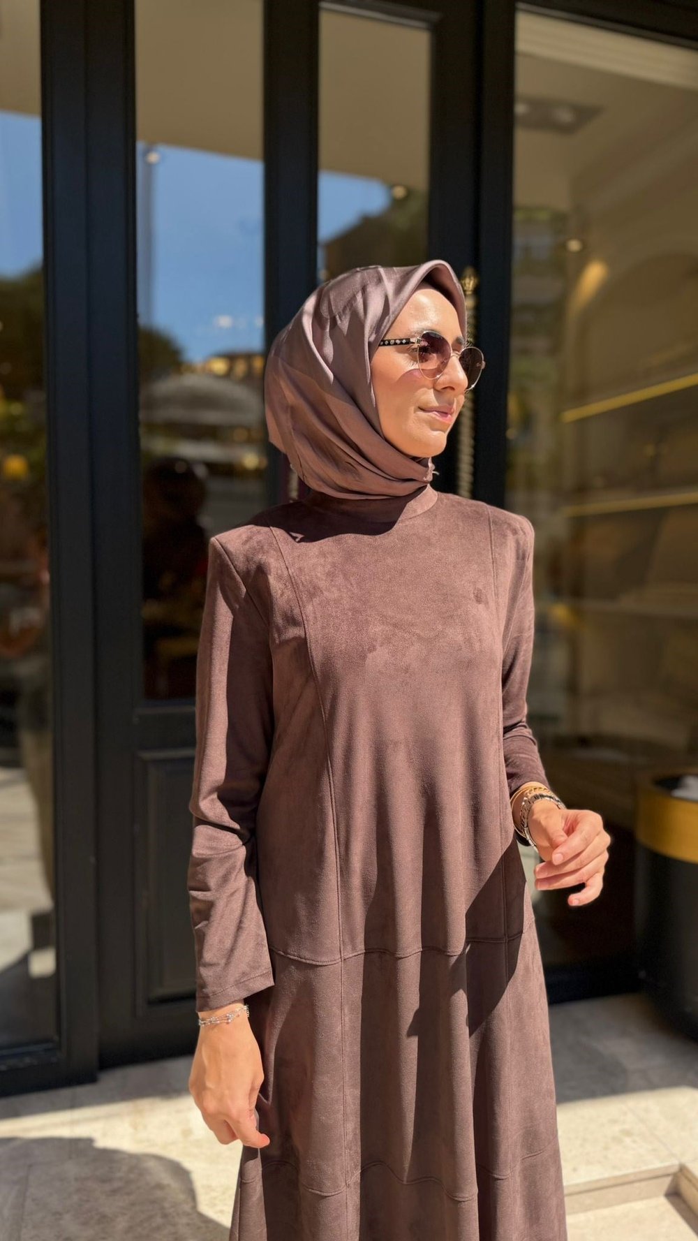 303948 - Parçalı Nubuk Kadın Elbise Acı Kahve