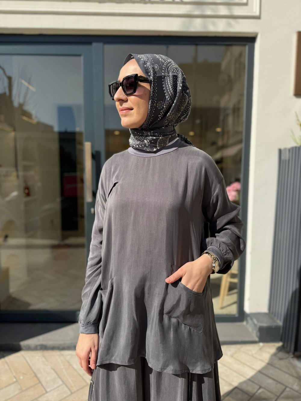 39004 Fermuar Detay Kadın Takım Gri