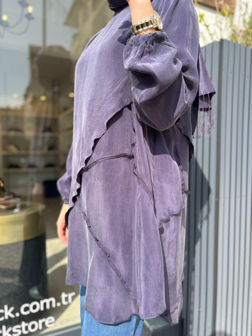 39017 Dikiş Detay Kadın Tunik Mor