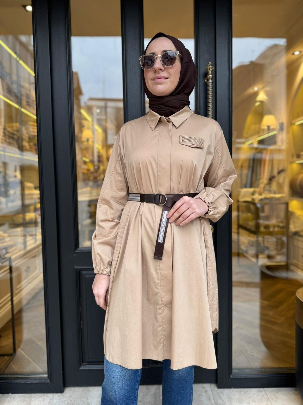 39305 Kemerli Kadın Gömlek Camel