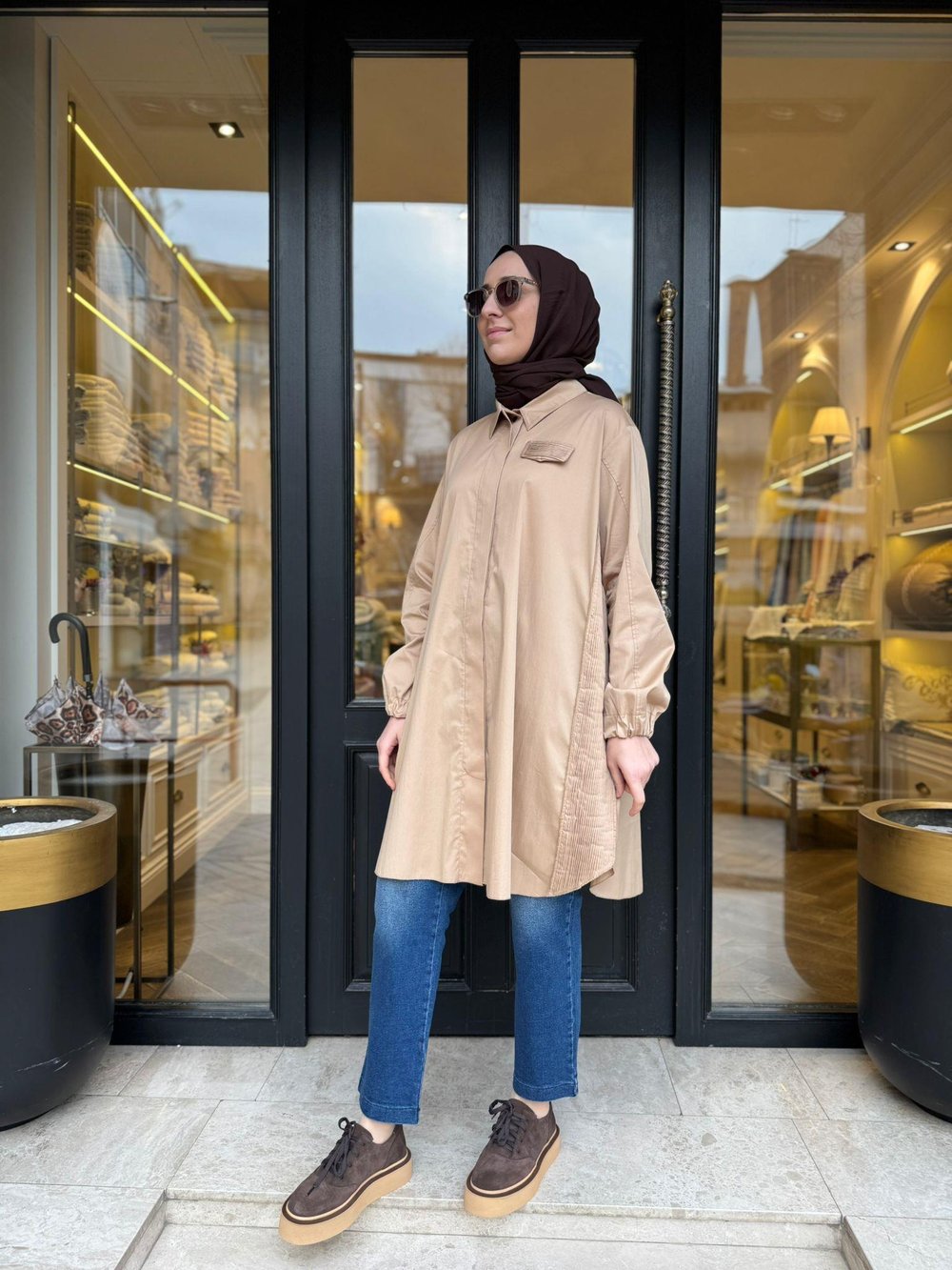 39305 Kemerli Kadın Gömlek Camel