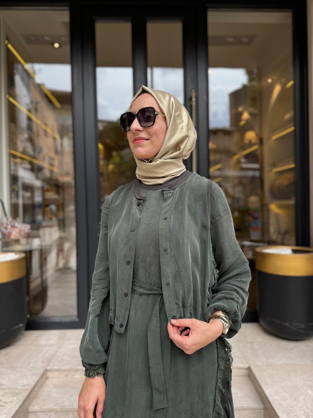39815 Yelekli Kadın Elbise Haki Yeşil
