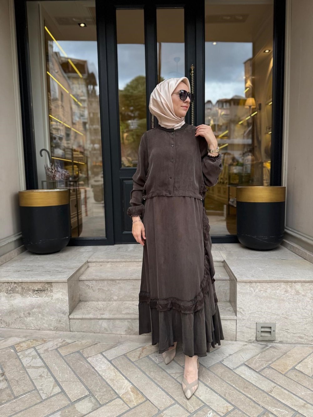 39815 Yelekli Kadın Elbise Kahve
