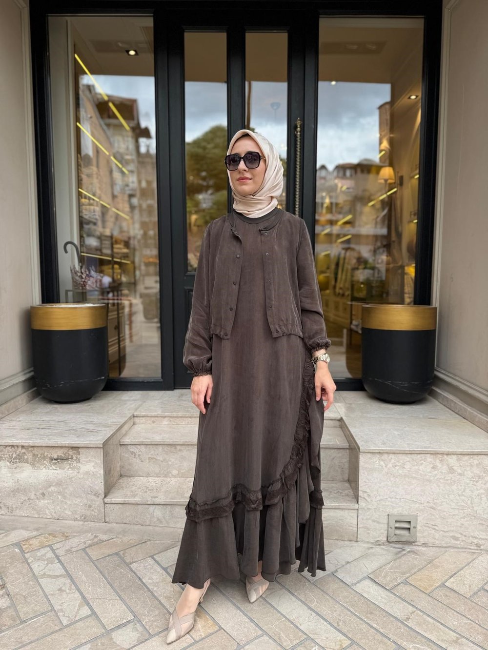 39815 Yelekli Kadın Elbise Kahve
