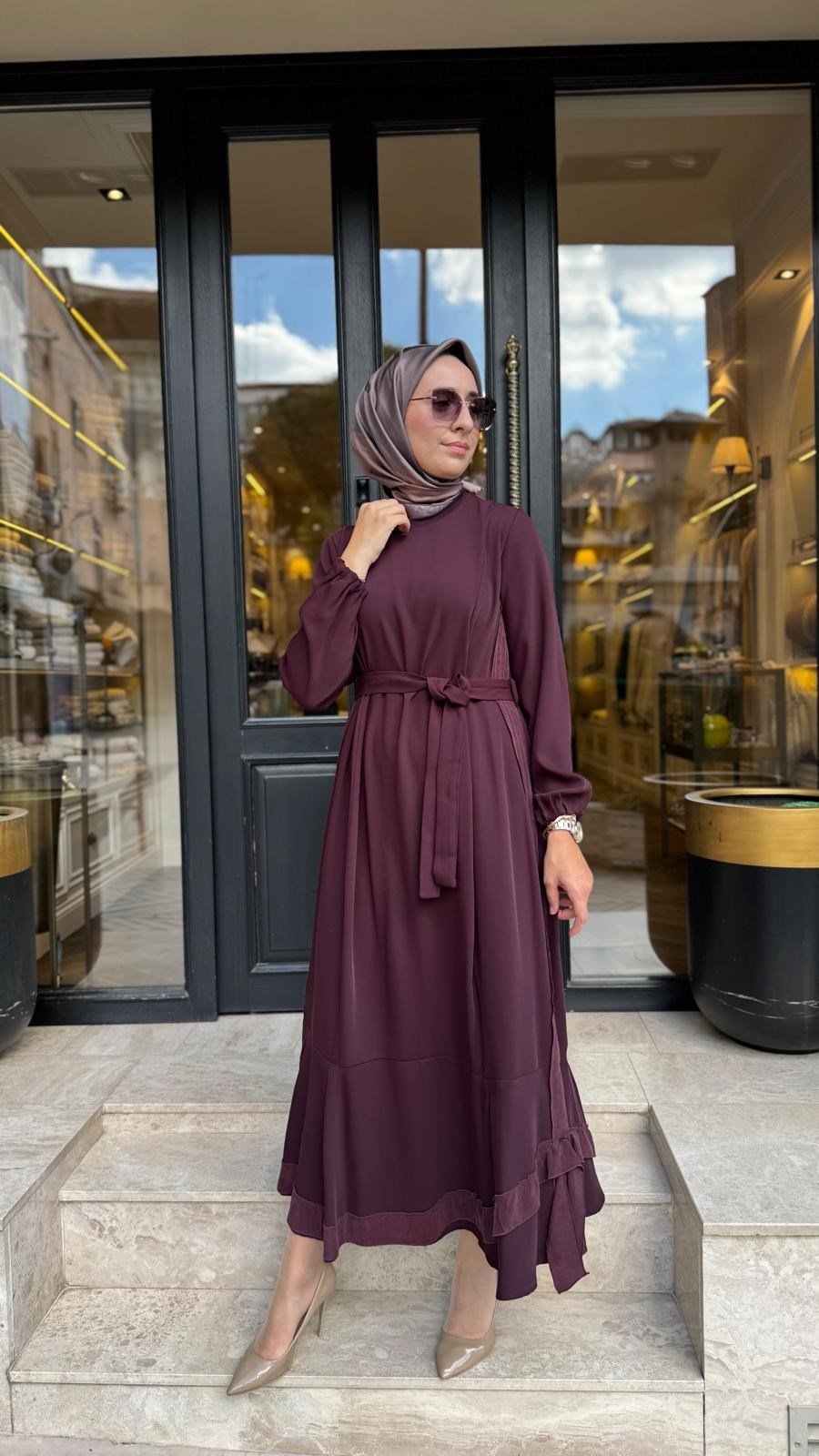 40813 Kuşaklı Kadın Elbise Bordo