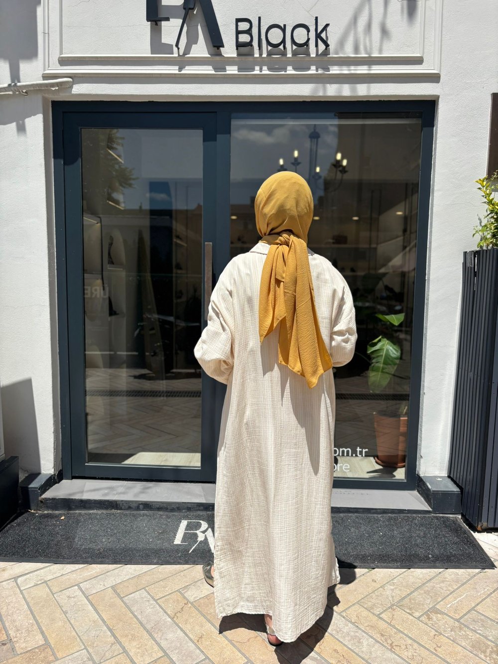BBL02 Çizgili Kadın Gömlek Elbise EKRU-CAMEL