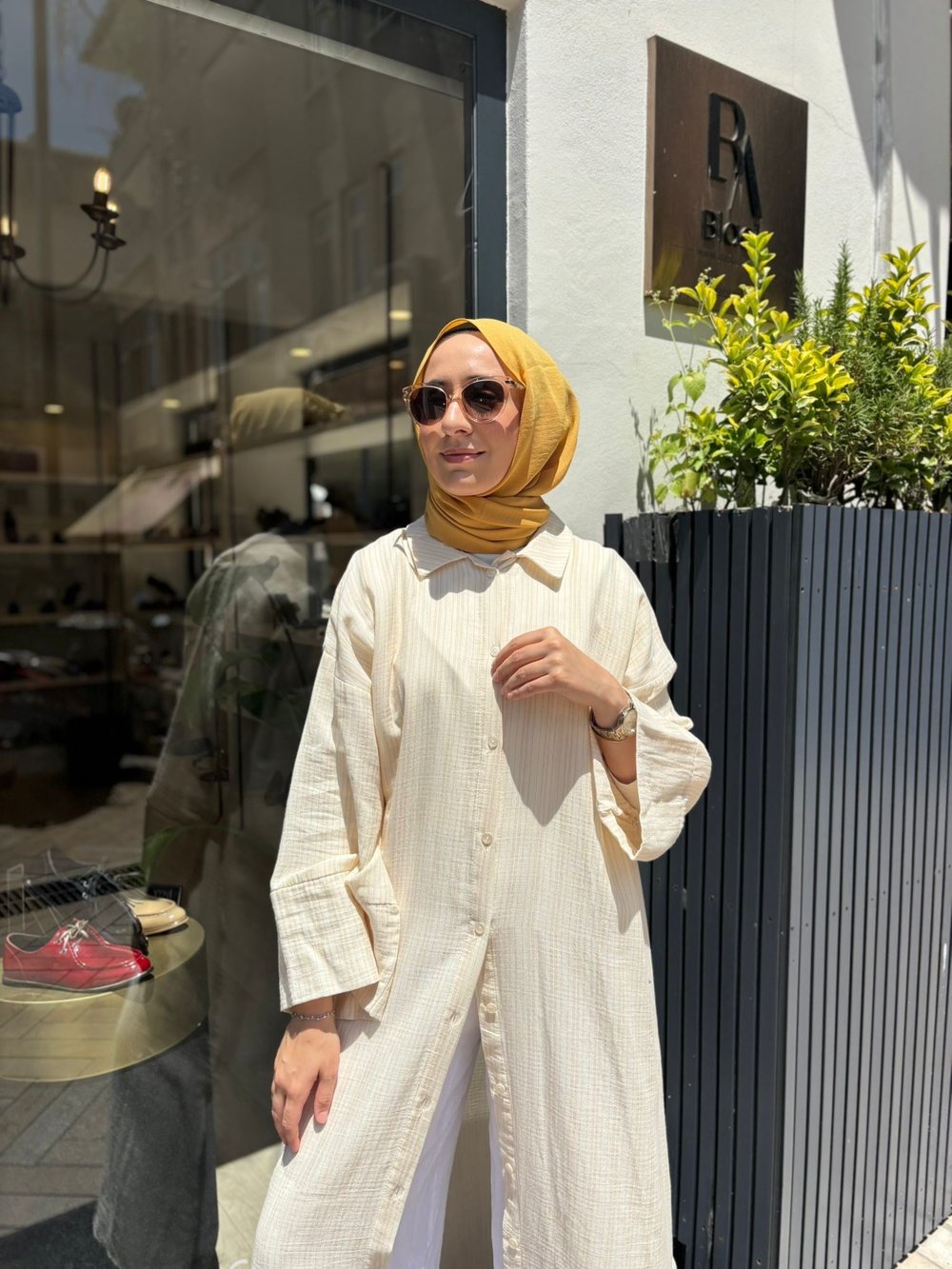 BBL02 Çizgili Kadın Gömlek Elbise EKRU-CAMEL