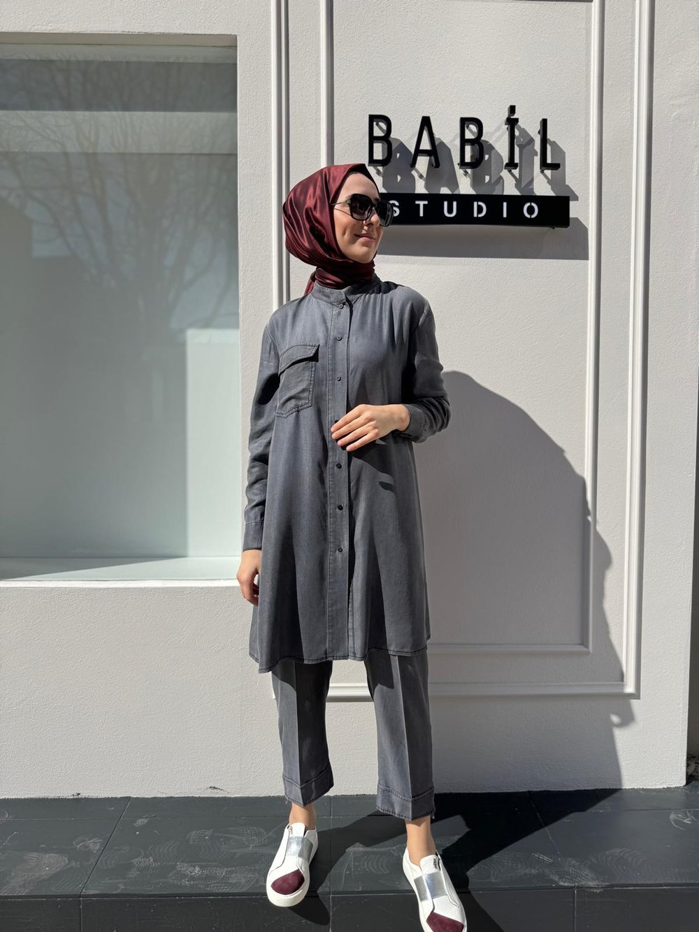 Beli Lastikli İnce Kot Kadın Pantolon Gri