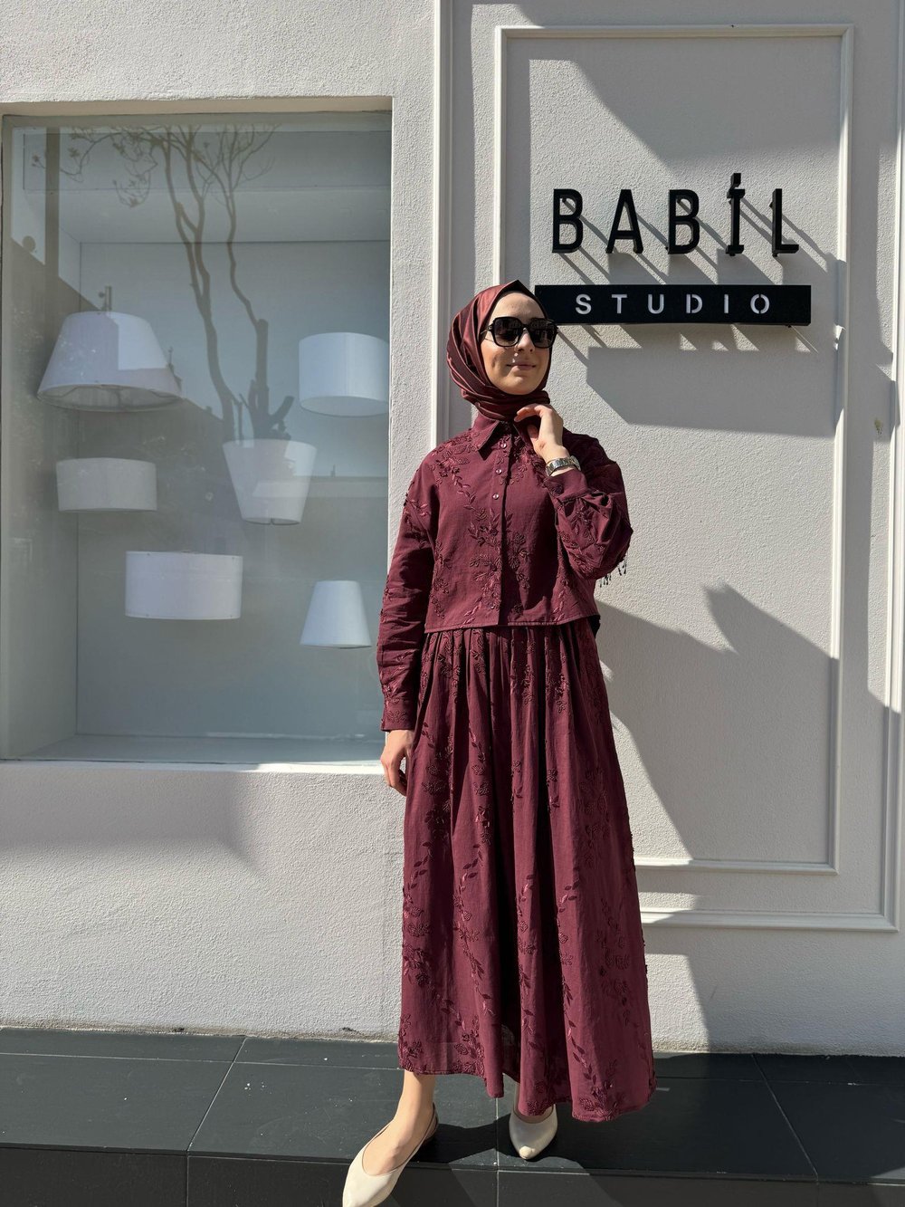 Bella Aplik Detaylı Brode Etekli Takım Bordo