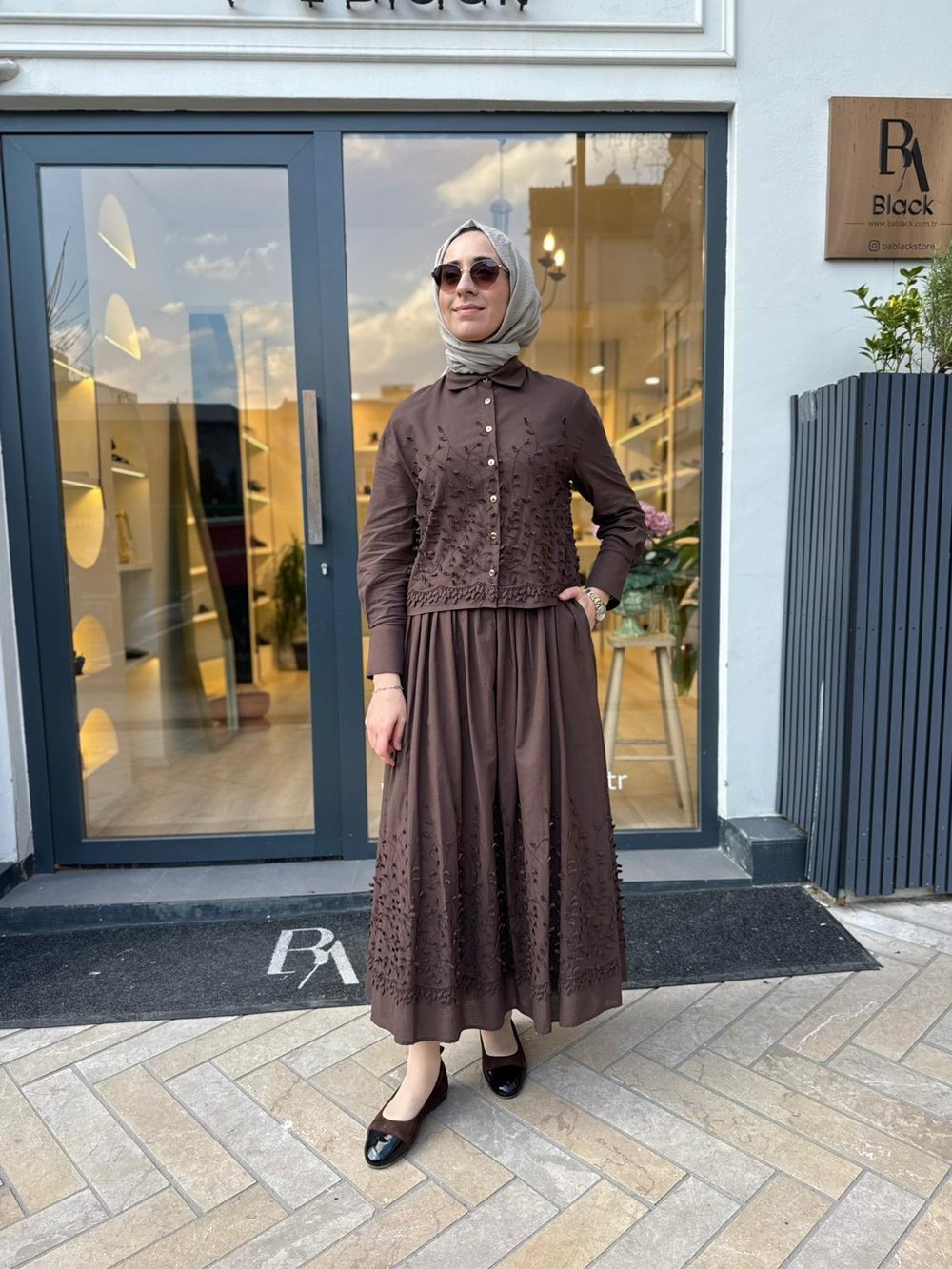 Brode Detaylı Melissa Kadın Etekli Takım Kahve