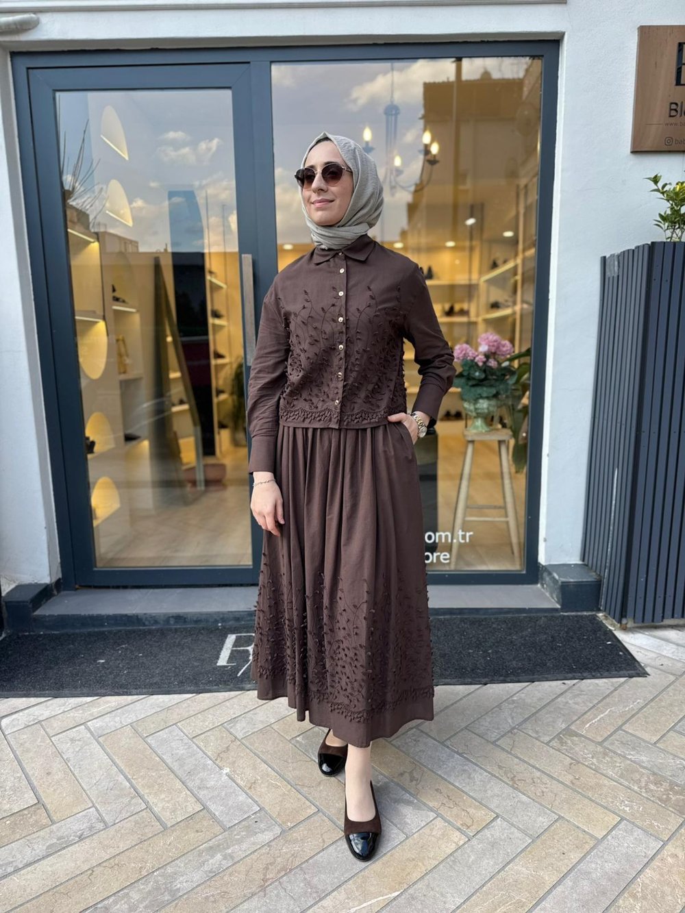 Brode Detaylı Melissa Kadın Etekli Takım Kahve