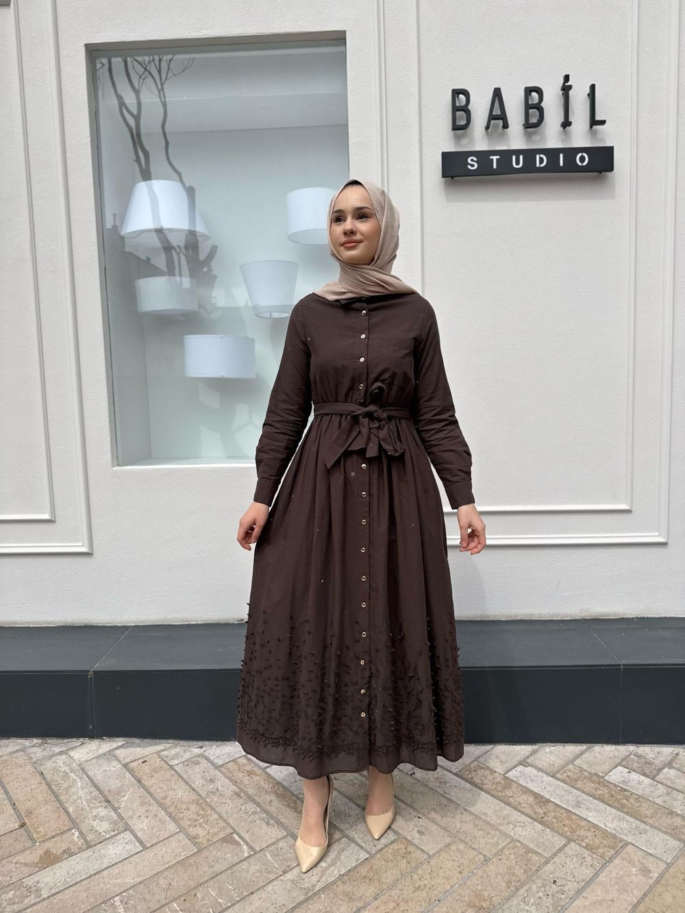 Brode İşlemeli Melissa Kadın Elbise Kahve