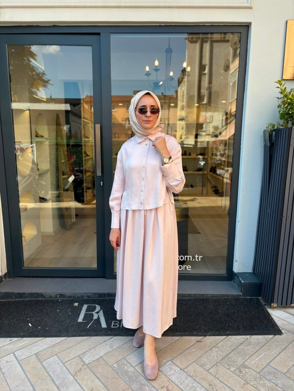 D51 Joy Asetat Lastikli Etekli Kadın Takım Pudra Pembe