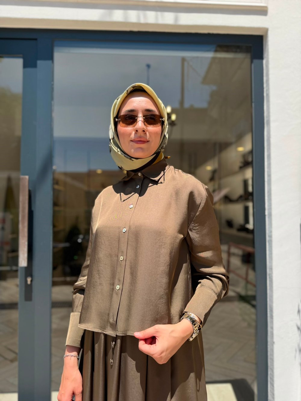 D51 Joy Asetat Lastikli Etekli Kadın Takım Haki Yeşil