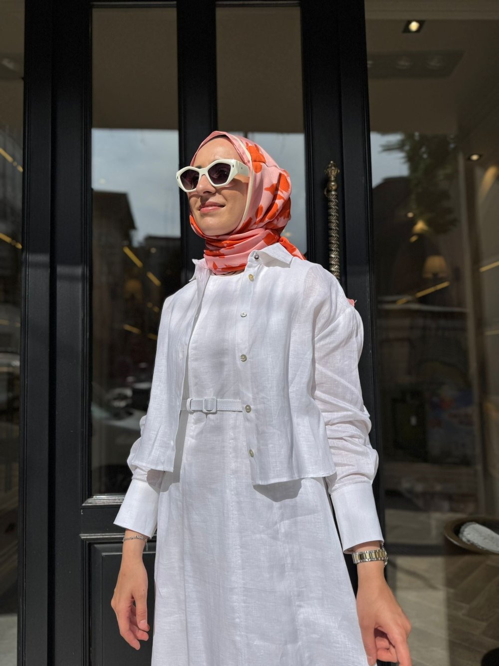 D54 Amanda Keten Kolsuz Elbise Gömlek Takım Beyaz