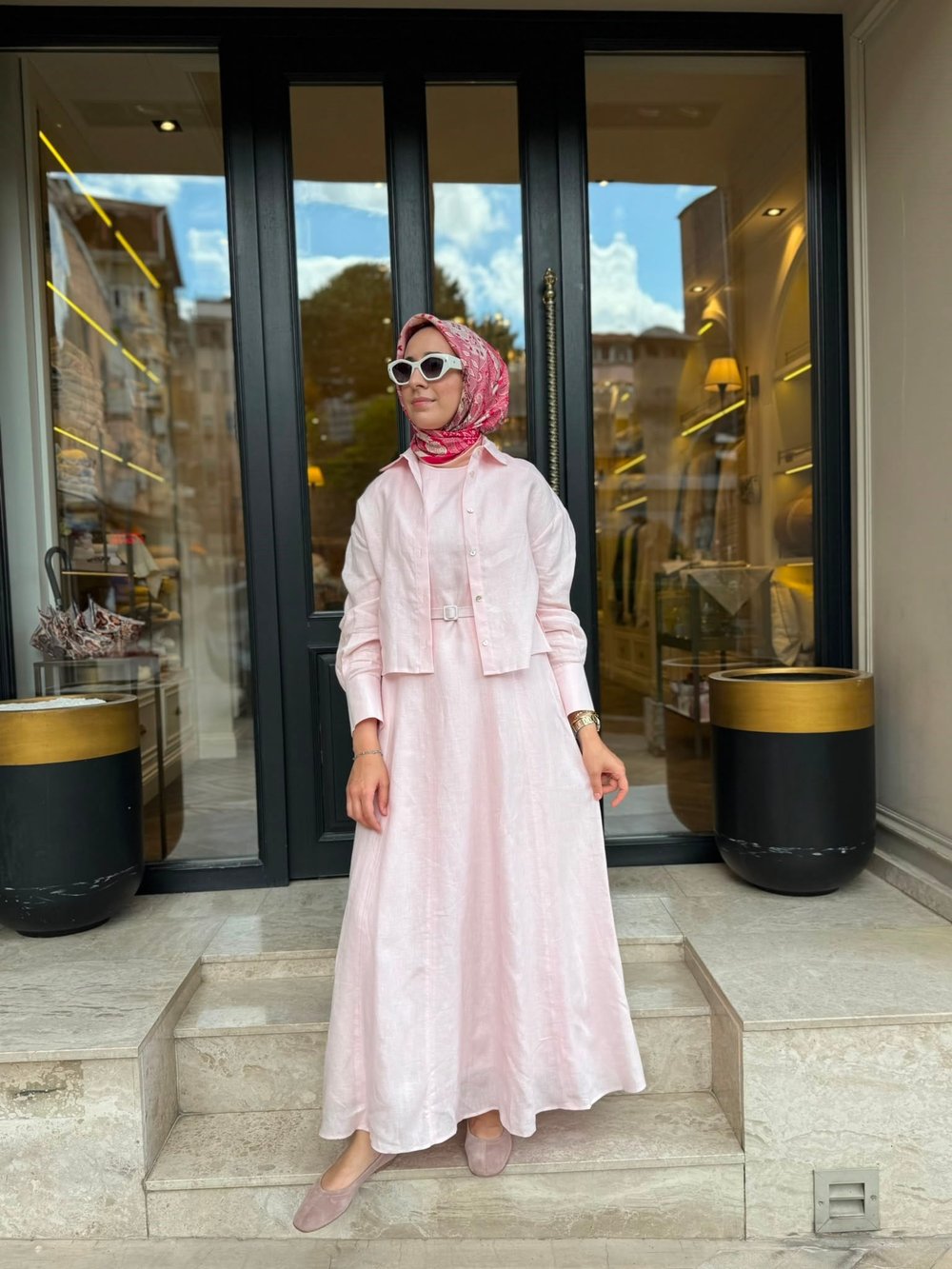D54 Amanda Keten Kolsuz Elbise Gömlek Takım Pudra Pembe