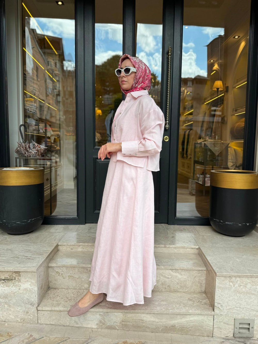 D54 Amanda Keten Kolsuz Elbise Gömlek Takım Pudra Pembe