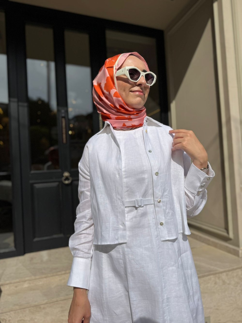 D54 Amanda Keten Kolsuz Elbise Gömlek Takım Beyaz