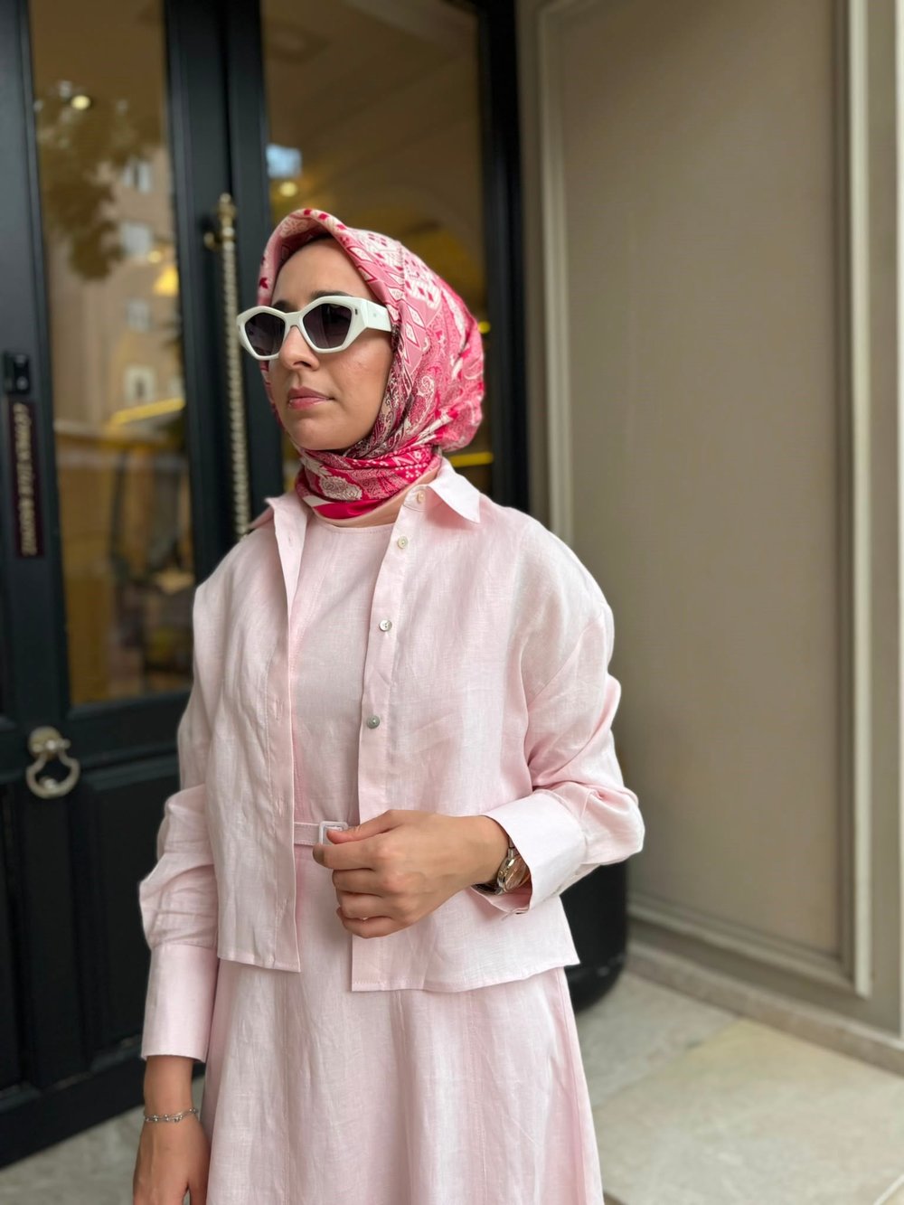 D54 Amanda Keten Kolsuz Elbise Gömlek Takım Pudra Pembe