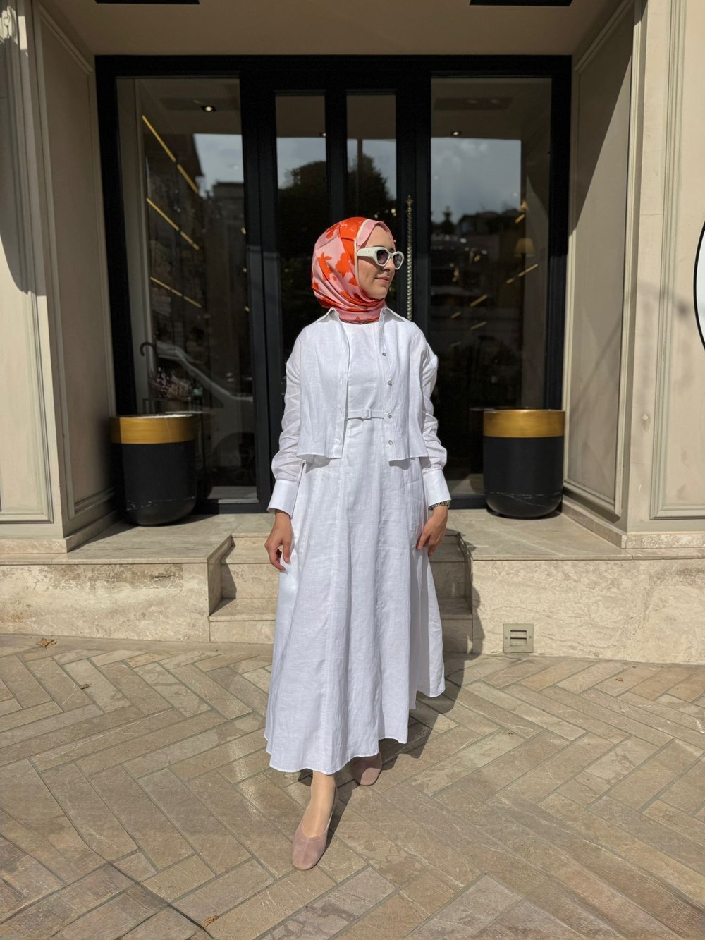 D54 Amanda Keten Kolsuz Elbise Gömlek Takım Beyaz