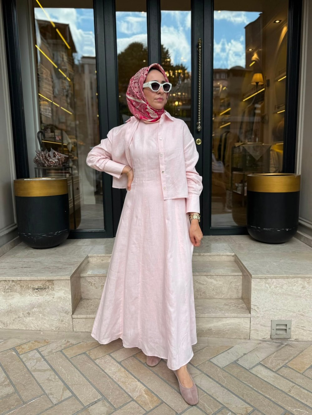 D54 Amanda Keten Kolsuz Elbise Gömlek Takım Pudra Pembe