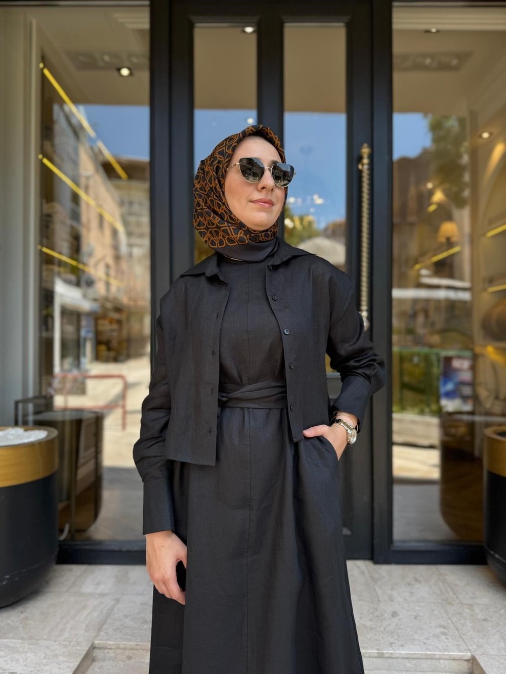 D71 Natural Keten Kolsuz Elbise Gömlek Siyah