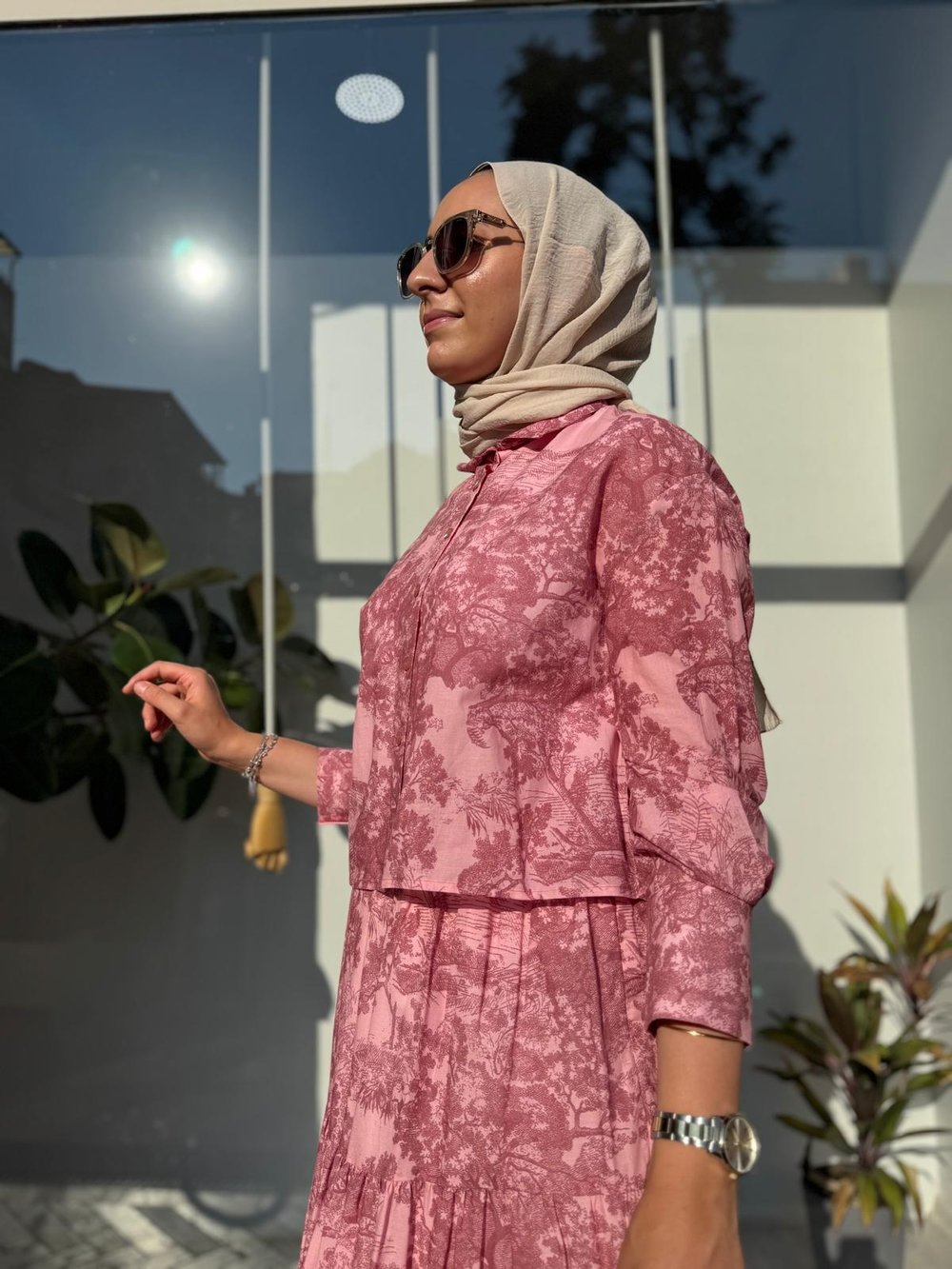 Desenli Vual Etekli Kadın Takım Pembe