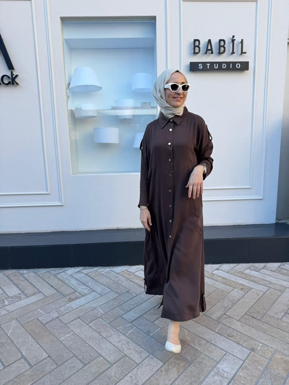 Düğmeli Kadın Uzun Kap Kahve