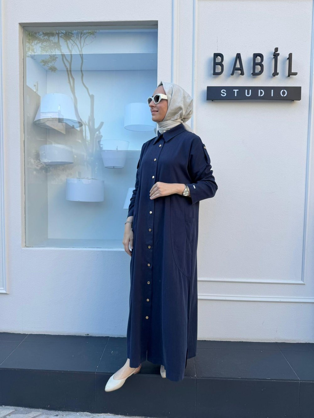 Düğmeli Kadın Uzun Kap Lacivert