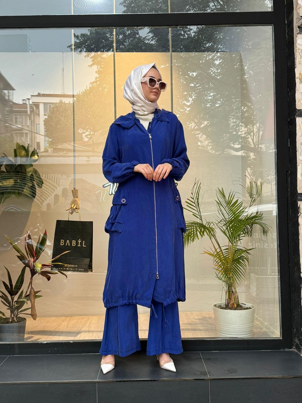 Kapüşonlu Tasarım Kadın İpek Kap Saks Mavi