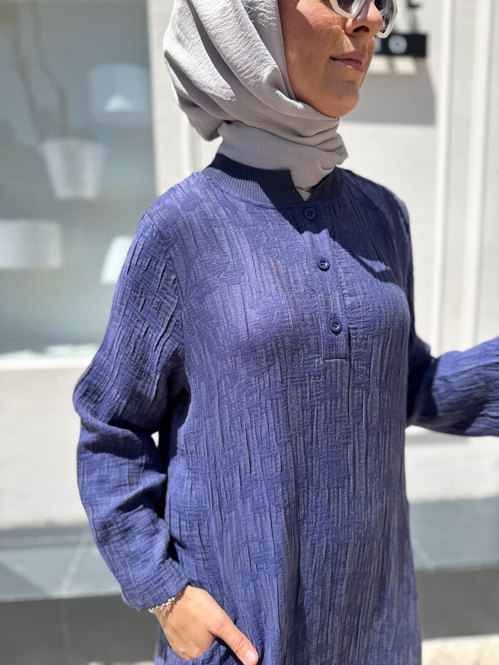 Kendinden Desenli Kadın Elbise Indigo