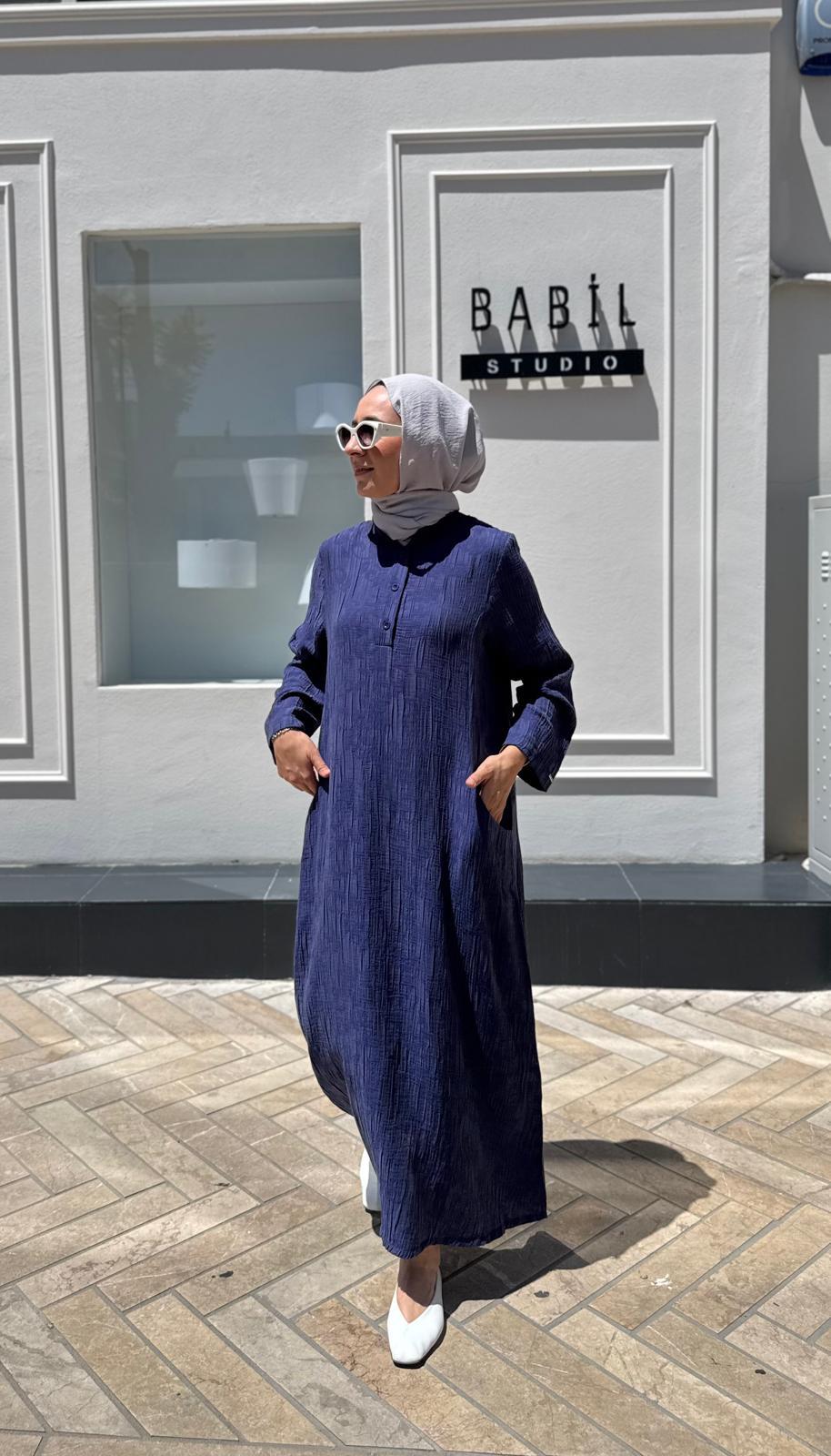 Kendinden Desenli Kadın Elbise Indigo