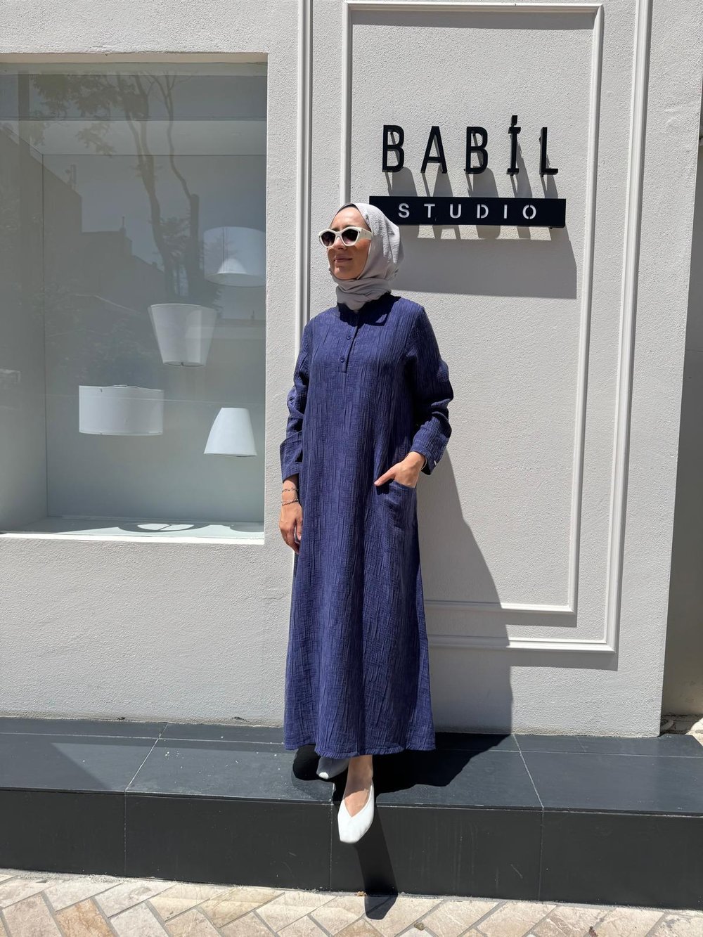Kendinden Desenli Kadın Elbise Indigo