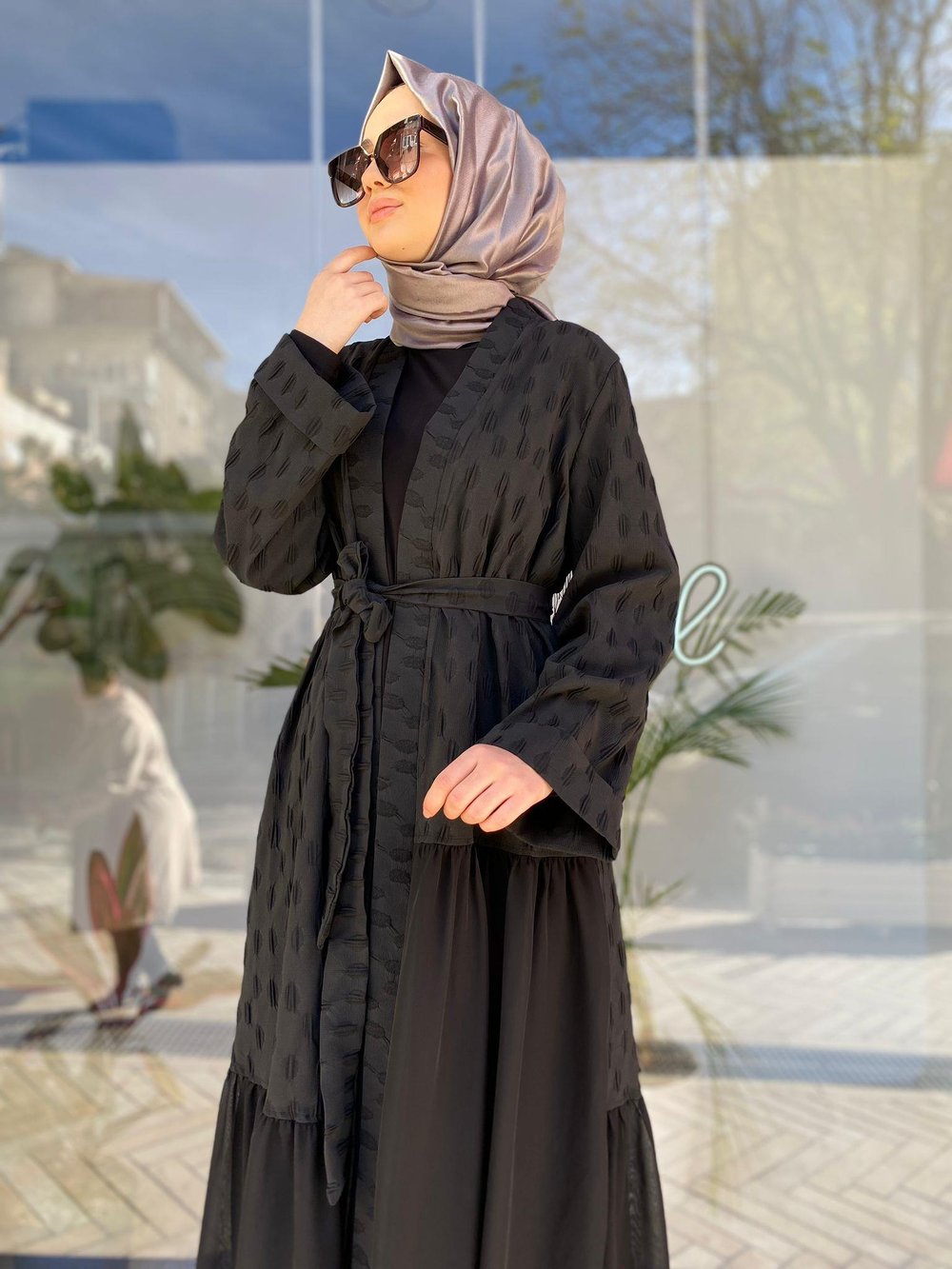 Kendinden Desenli Şifon Detaylı Kadın Kimono Siyah